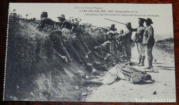 Militaria: POSTAL DE LA CAMPA&Ntilde;A DEL RIF. 1921. OCUPACION DE LA TRINCHERA DEL FERROCARRIL COGIENDO BAJAS AL ENEM