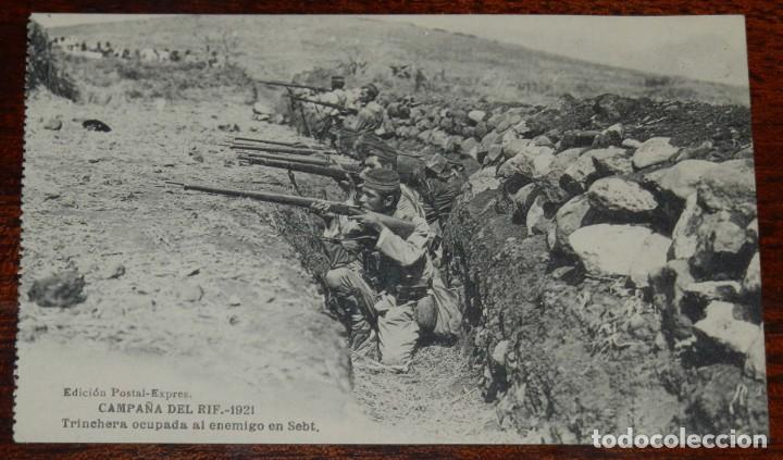 Militaria: POSTAL DE LA CAMPA&Ntilde;A DEL RIF. 1921. TRINCHERA OCUPADA AL ENEMIGO EN SEBT. Edici&oacute;n Postal Expr&eacute;s. &ndash; M