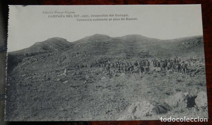 Militaria: POSTAL DE LA CAMPA&Ntilde;A DEL RIF. 1921. OCUPACION DEL GURUGU, COLUMNA SUBIENDO AL PICO DE BASBEL. Edici&oacute;