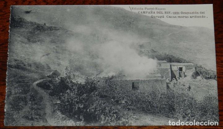 Military Antiques: POSTAL DE LA CAMPA&Ntilde;A DEL RIF. 1921. OCUPACION DEL GURUGU. CASAS MORAS ARDIENDO. Edici&oacute;n Postal Expr&eacute;