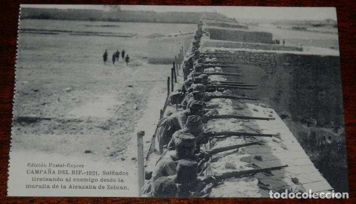 Military Antiques: POSTAL DE LA CAMPA&Ntilde;A DEL RIF. 1921. SOLDADOS TIROTEANDO AL ENEMIGO DESDE LA MURALLA DE LA ALCAZABA D