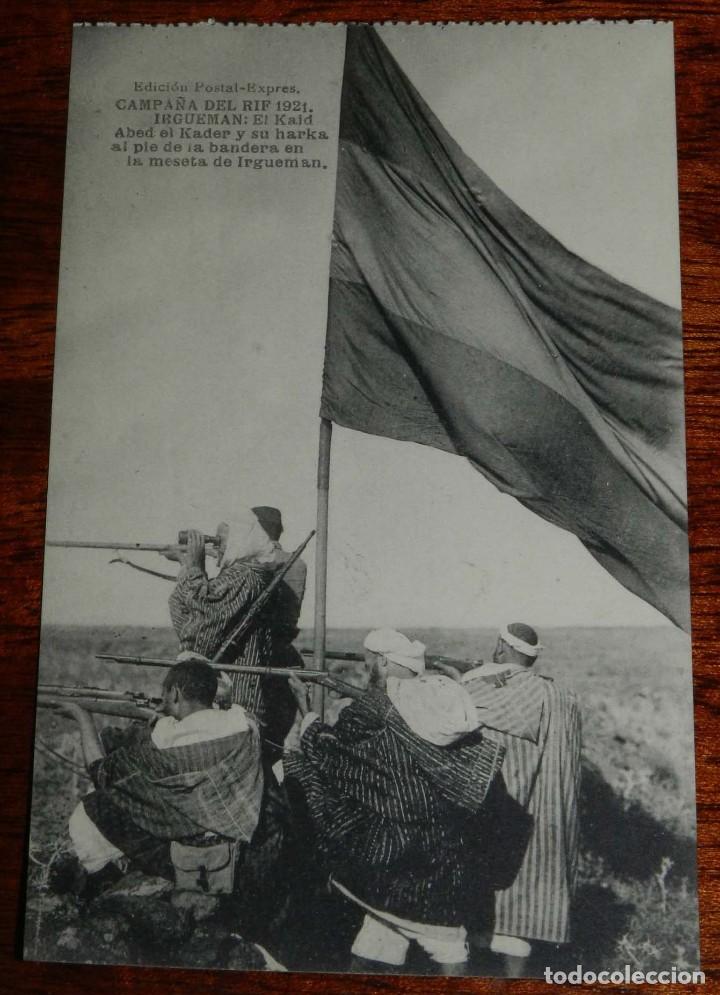Militaria: POSTAL DE LA CAMPA&Ntilde;A DEL RIF. 1921. IRGUEMAN. ABED EL KADER Y SU HARKA AL PIE DE LA BANDERA EN LA ME