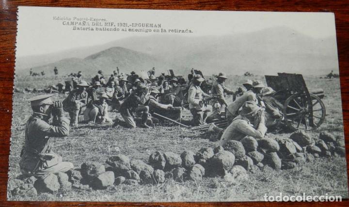 Militaria: POSTAL DE LA CAMPA&Ntilde;A DEL RIF. 1921. IRGUEMAN. BATERIA BATIENDO AL ENEMIGO EN LA RETIRADA. ED. POSTAL