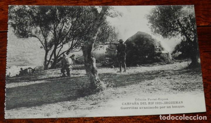 Militaria: POSTAL DE LA CAMPA&Ntilde;A DEL RIF. 1921. IRGUEMAN. GUERRILAS AVANZANDO POR UN BOSQUE. ED. POSTAL EXPRES.