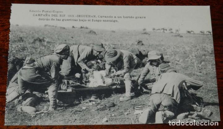 Militaria: POSTAL DE LA CAMPA&Ntilde;A DEL RIF. 1921. IRGUEMAN. CURANDO A UN HERIDO GRAVE DETRAS DE LAS GUERRILLAS BAJ