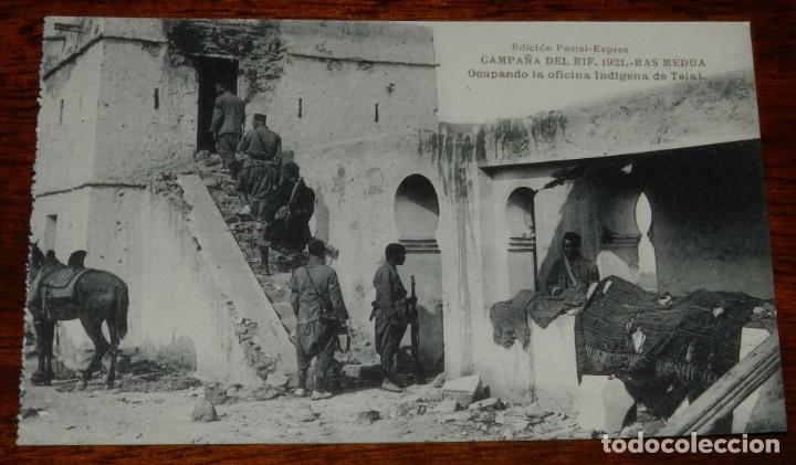 Militaria: POSTAL DE LA CAMPA&Ntilde;A DEL RIF. 1921. RAS MEDUA. OCUPANDO LA OFICINA INDIGENA DE TELAT. FOTOTIPIA DE H