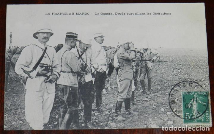 Militaria: POSTAL DE LA FRANCE AU MAROC, GENERAL DRUDE SURVEILANT LES OPERATIONS, CIRCULADA.