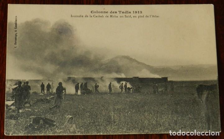 Military Antiques: POSTAL DE COLONNE DES TADLA 1913, INCENDIO DE LA CASBAH DE MOHA OU SAID, AU PIED DE L&acute;ATLAS, ED. J.
