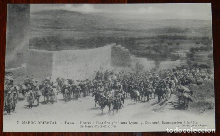 Military Antiques: POSTAL DE MARRUECOS ORIENTAL, N.5, TAZA, ENTRADA DE GENERALES LYAUTEY, GOURAUD, BAUMGARTEN, ED. J. G