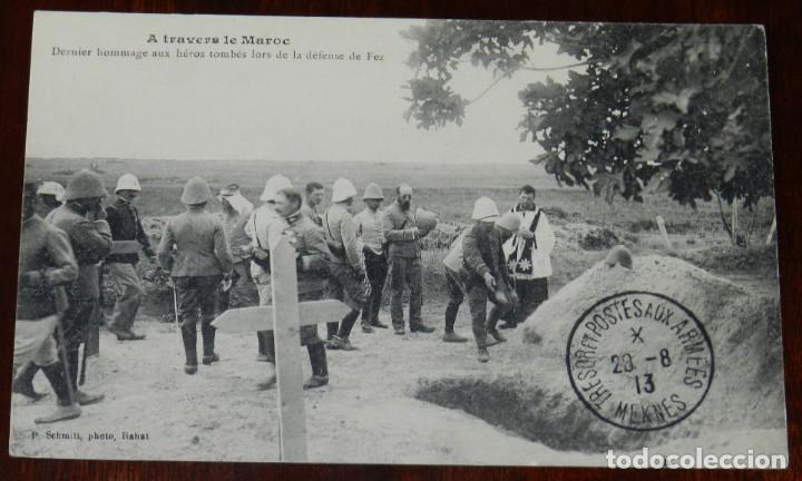 Military Antiques: POSTAL DE MARRUECOS, HOMENAJE A LOS HEROES DE LA DEFENSA DE FEZ, ED. P. SCHMITT, CIRCULADA.