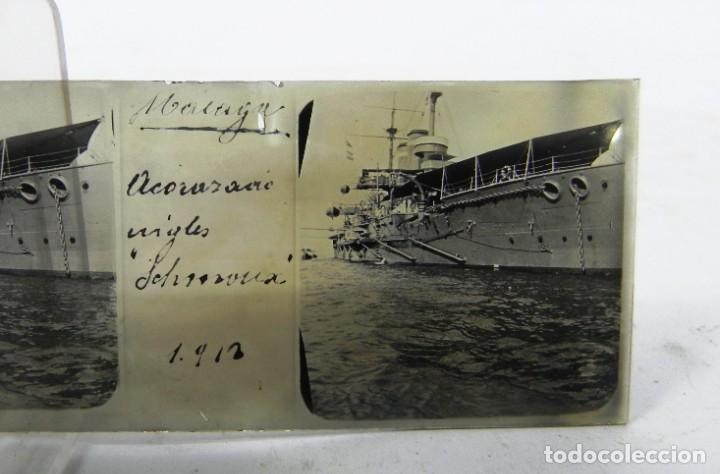 Military Antiques: FOTOGRAFIA ESTEREOSCOPICA DE ACORAZADO INGLES, A&Ntilde;O 1912 EN MALAGA, REALIZADA EN CRISTAL, MIDE 10,6 X