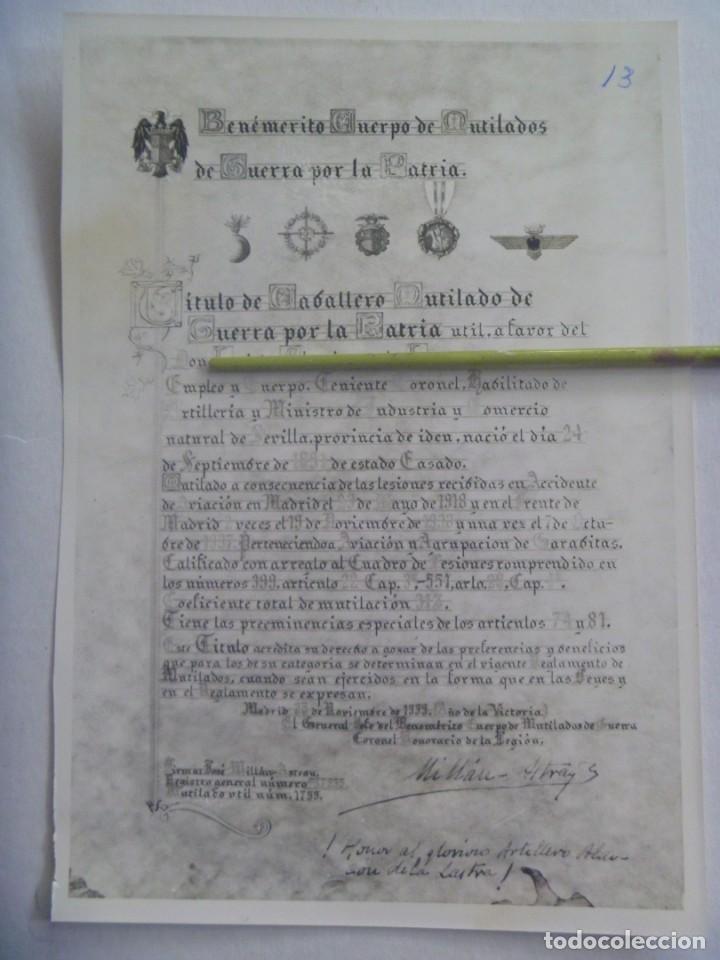 Military Antiques: FOTOGRAFIA DE DIPLOMA DE CABALLERO MUTILADO DE TTE. CORONEL Y MINISTRO DE FRANCO, 1939... 16 X 24 CM