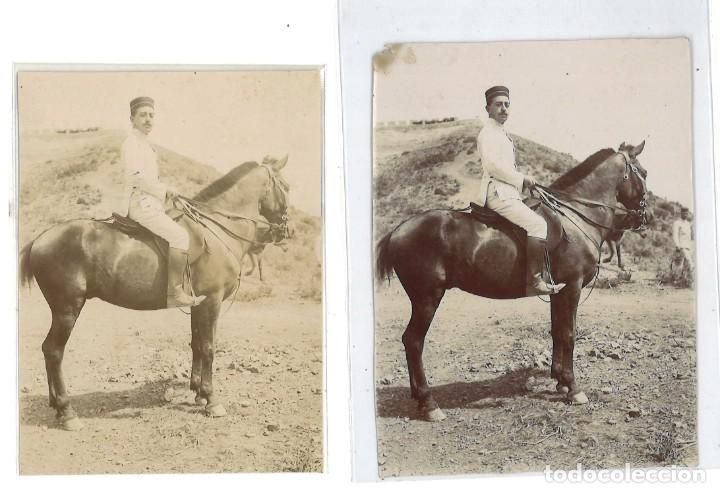 Militaria: Lote 2 fotograf&iacute;as militar espa&ntilde;ol a caballo en uniforme de rayadito