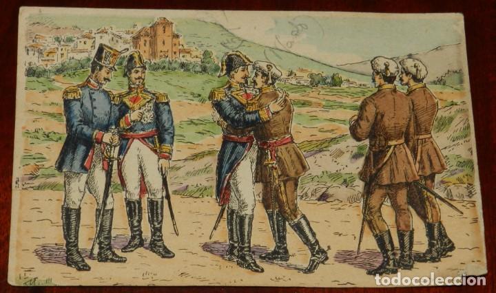 Military Antiques: HISTORIA DE ESPA&Ntilde;A, ABRAZO DE VERGARA, GUERRA CARLISTA, CROMO SERIE XIV, NUM. 6., SUC. DE HERNANDO.