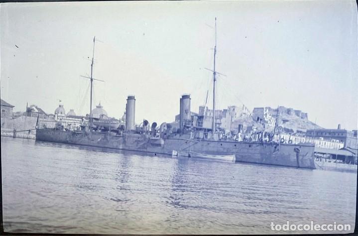 Militaria: FOTOGRAFIA EN NEGATIVO DE CELULOIDE DE BARCO DE GUERRA ESPA&Ntilde;OL EN MELILLA DURANTE LA GUERRA DEL RIF,