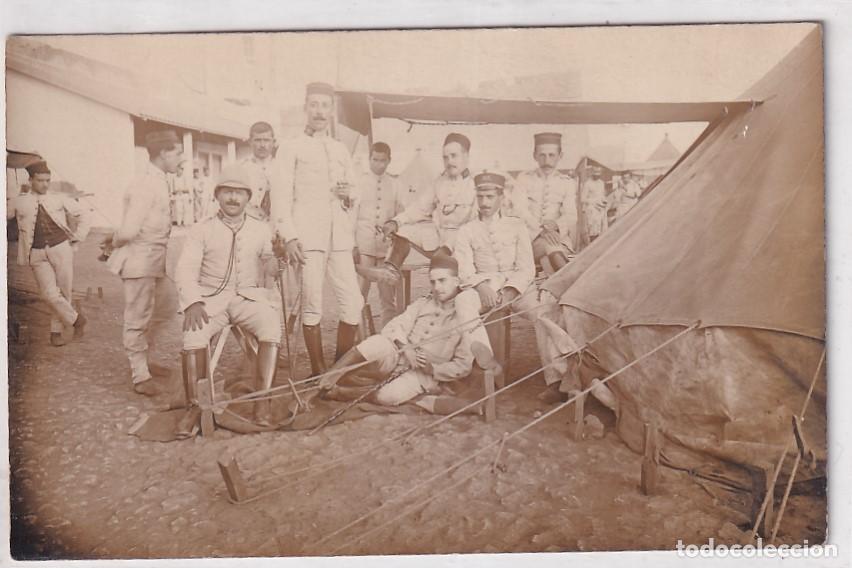 Militaria: Postal fotogr&aacute;fica norte &Aacute;frica. Acuartelamiento militar. Regulares. En el campamento. Rif ?