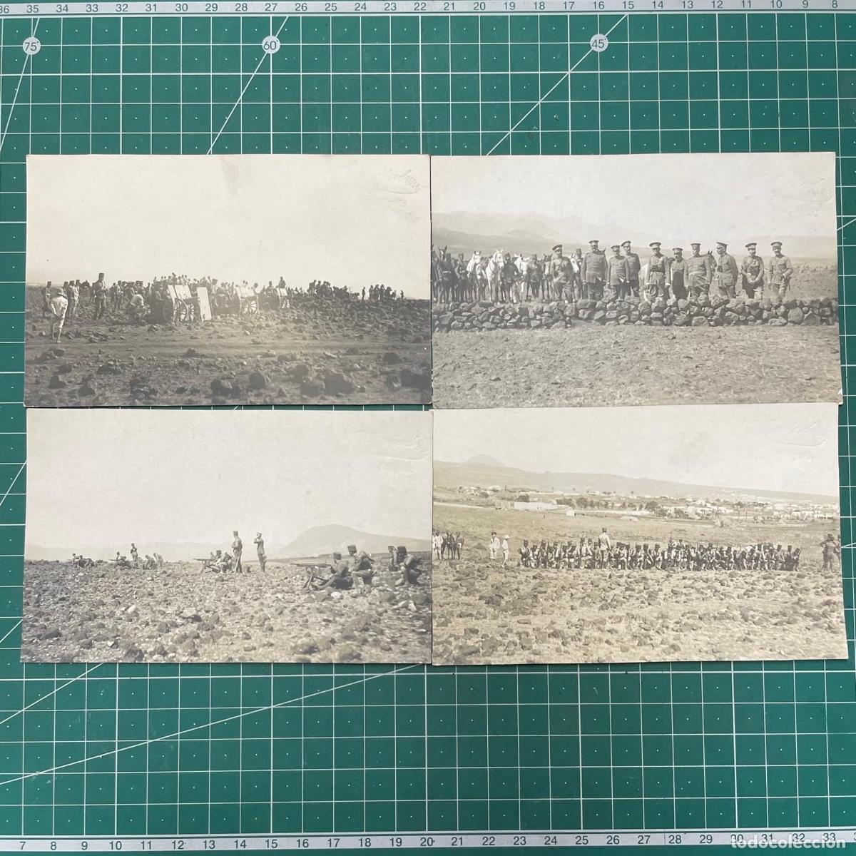 Militaria: Lote de 4 postales de militares de Alfonso XIII con Ametralladora Colt Browning m1895 y un Obus