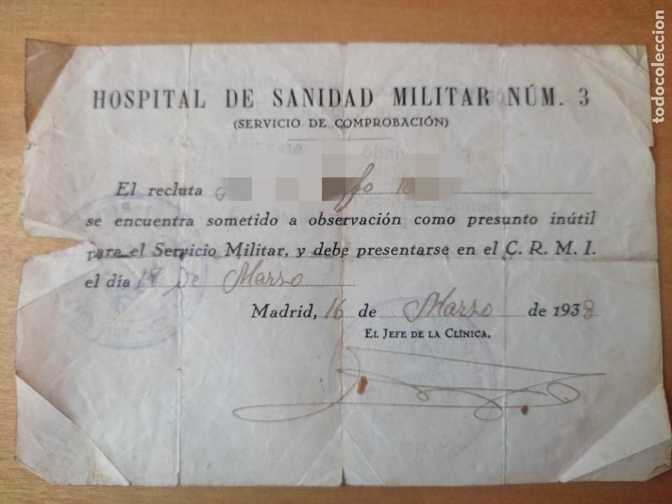 Militaria: GUERRA CIVIL ESPA&Ntilde;A REPUBLICA 1938 MARZO VOLANTE HOSPITAL INUTIL RESOLUCION DORSO 15,5 X 11 CM