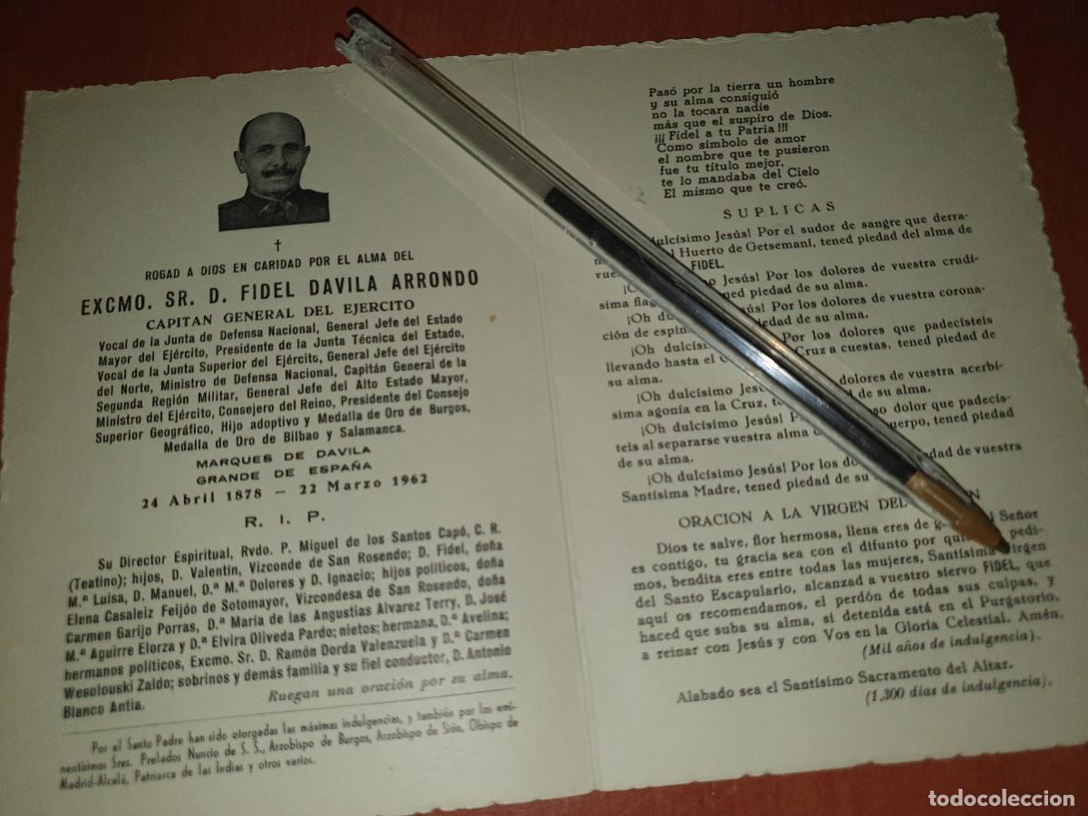 Militaria: Esquela, excmo. Fidel davila arrondo, capitan general, 22 marzo 1962