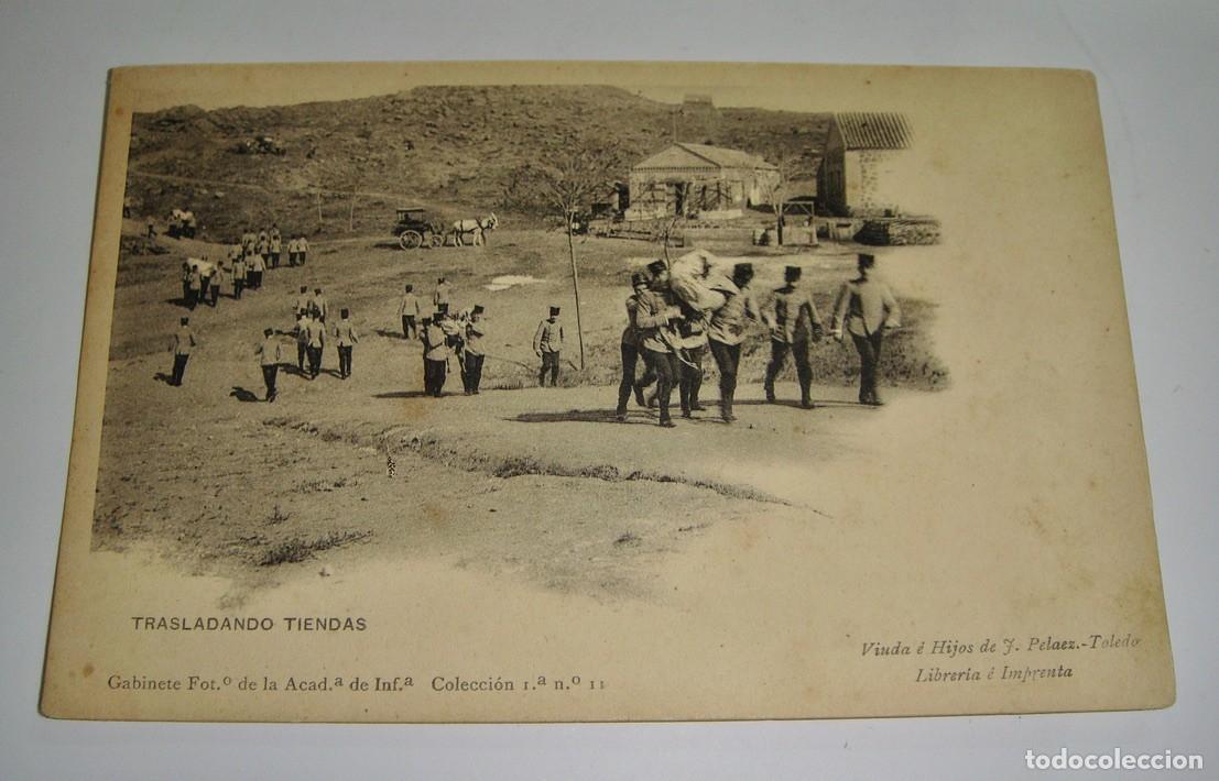 Militaria: Antigua foto postal. Trasladando Tiendas. Gabinete fotogr&aacute;fico de la Academia de Infanter&iacute;a.