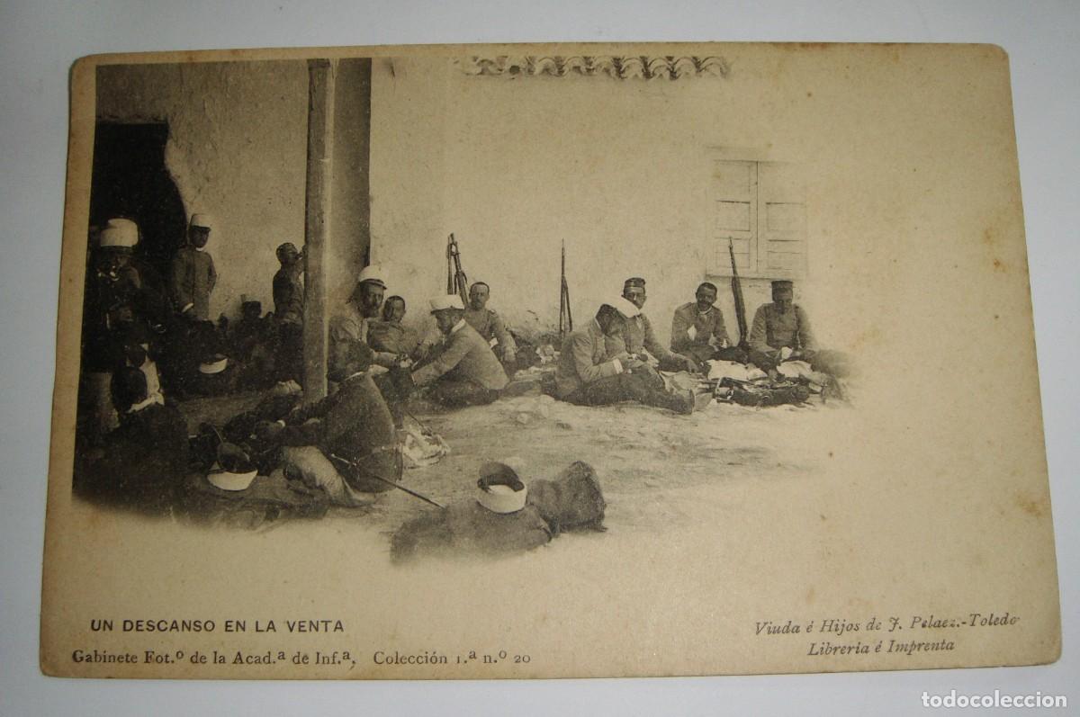 Militaria: Antigua postal fotogr&aacute;fica. Gabinete fotogr&aacute;fico de la Academia de Infanter&iacute;a. Un descanso.