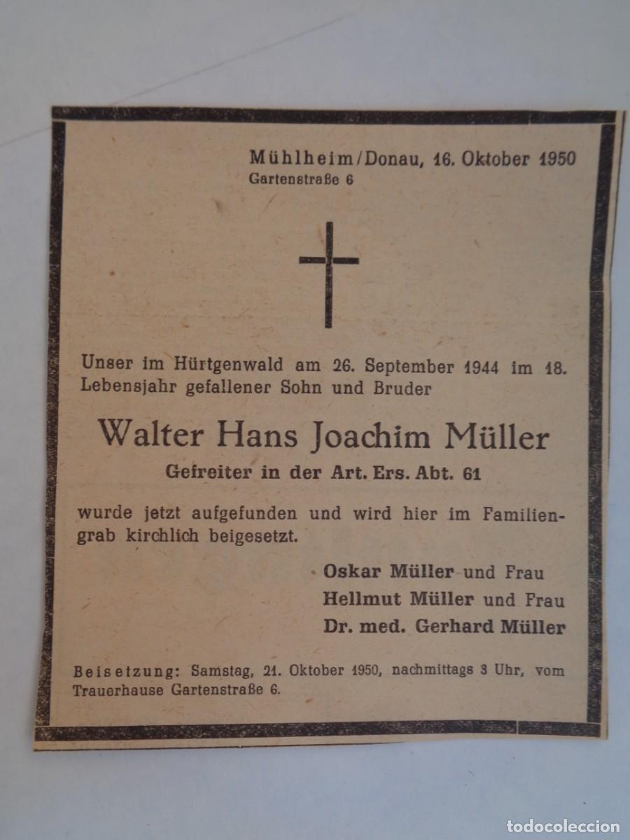 Militaria: ESQUELA CABO ALEMAN CAIDO EN H&Uuml;RTGENWALD EN 1944, ENCONTRADO SU CADAVER EN 1950 Y ENTERRADO