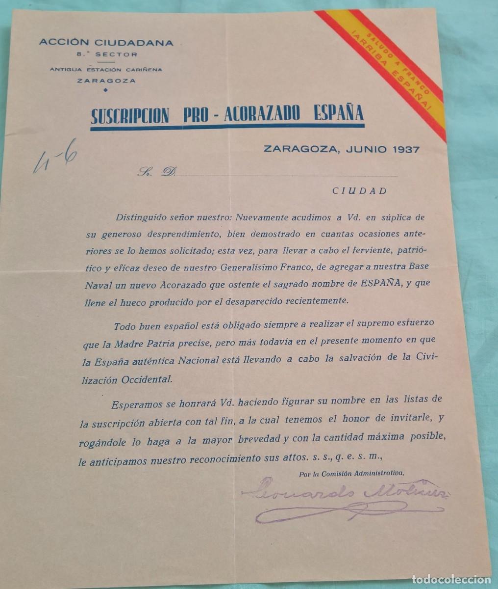 Militaria: Acorazado España..Suscripcion..Junio 1937...Accion Ciudadana..Estacion Cariñena