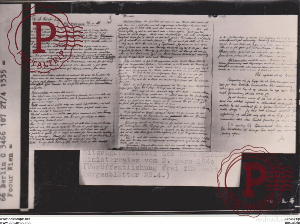 Militaria: SITZUNGSPROTOKOLL DES NORWEGISCHEN MINISTERRATS NORWAY FOTO DE PRESSE