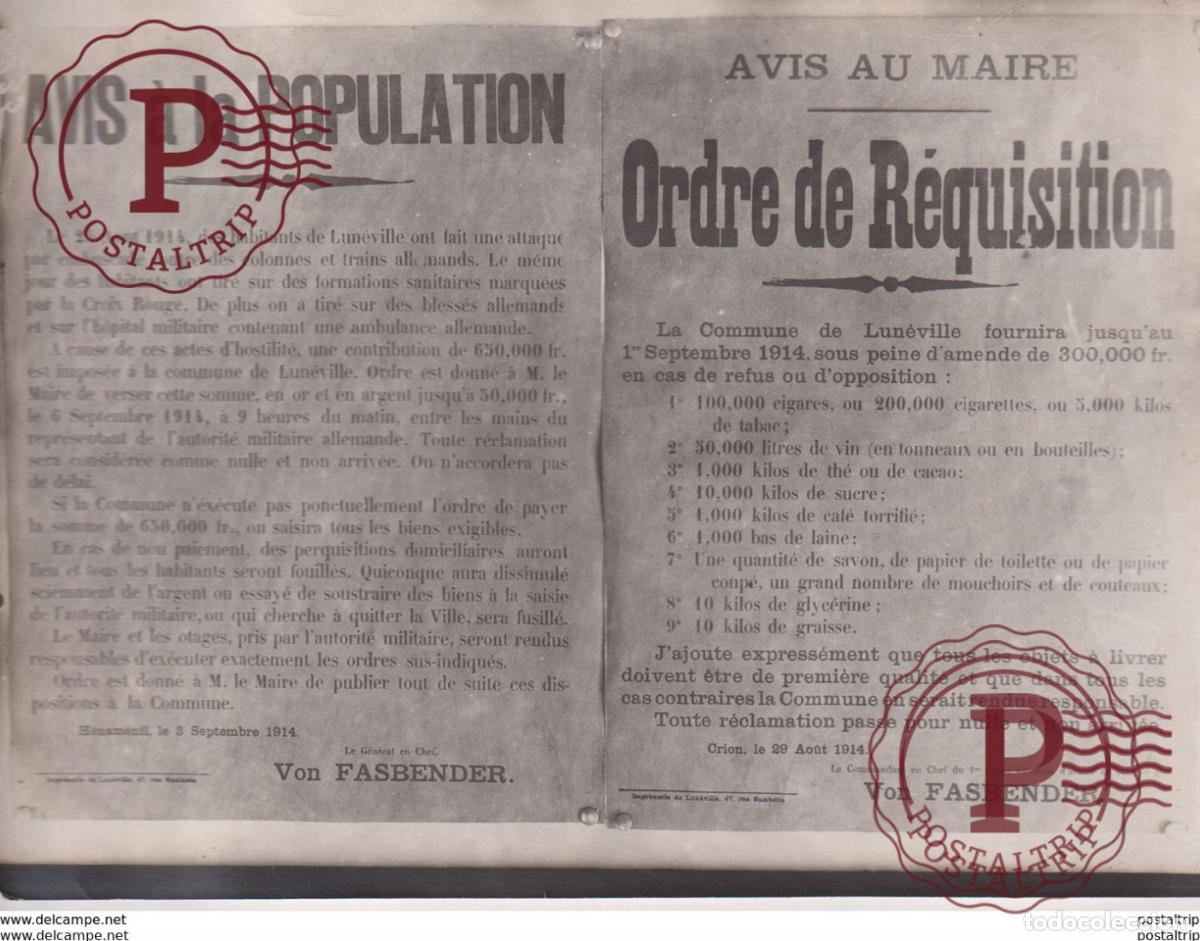 Militaria: AVIS A LA POPULATION ORDRE DE R&Eacute;QUISITION LUNEVILLE GERMAN OCCUPYING +-&nbsp;18*13CM WORLD WAR GUERRE M