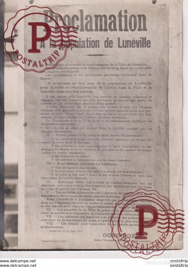 Militaria: 1914 MARTIAL LAW LUNEVILLE PROCLAMATION GOERINGER +-&nbsp;18*13CM WORLD WAR GUERRE MUNDIAL