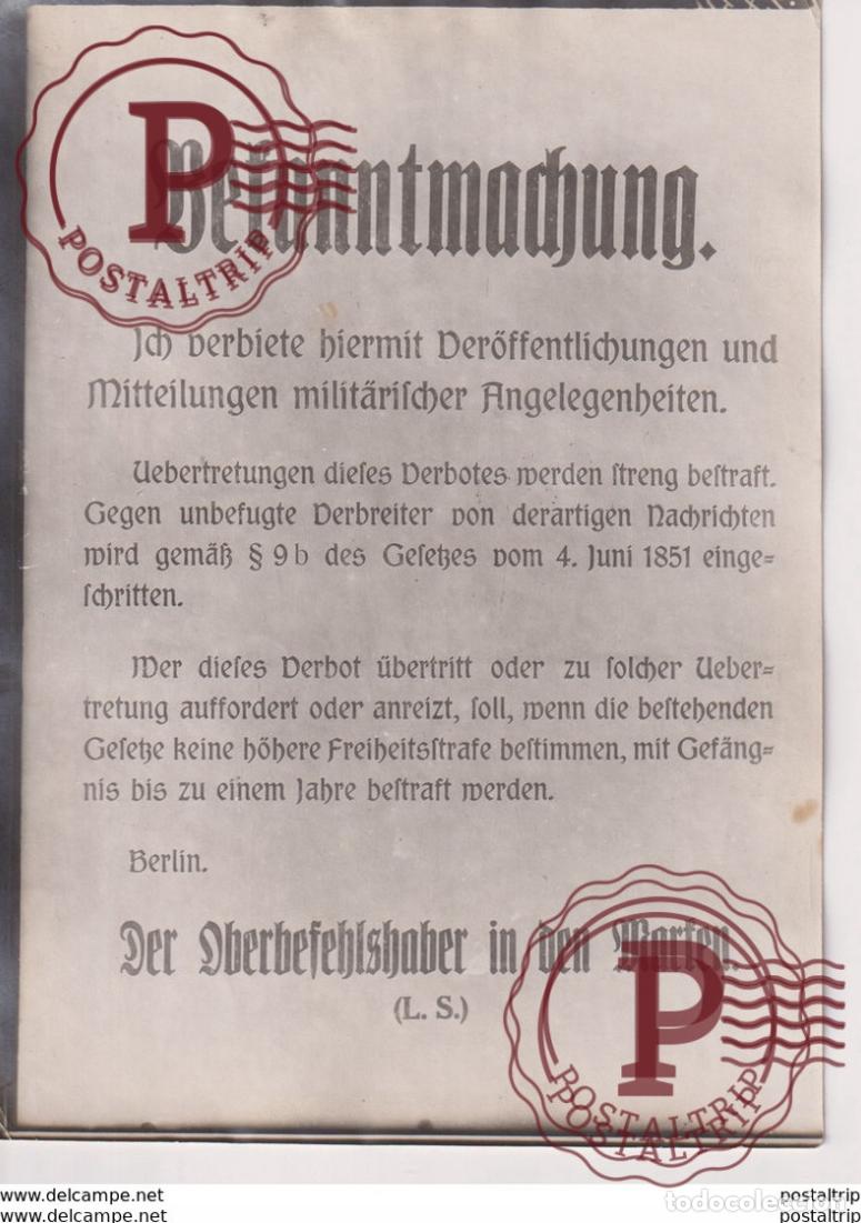 Militaria: BEKANNTMACHUNG OBERBEFEHLSHABER IN DEN MARTEN BERLIN PROCLAMATION +-&nbsp;18*13CM WORLD WAR GUERRE MUN