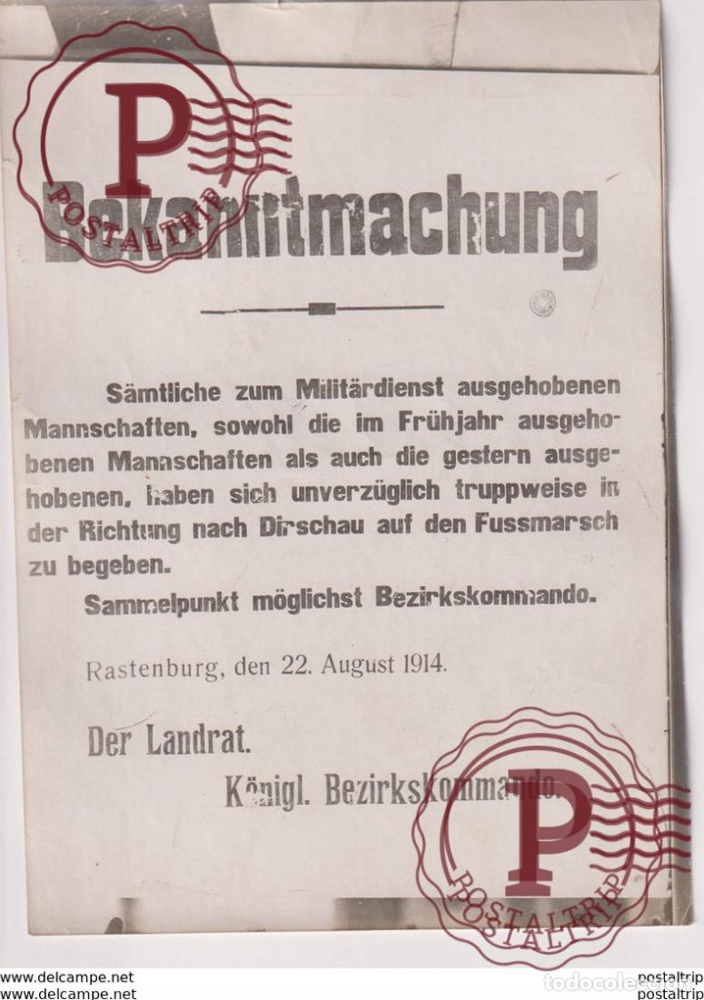 Militaria: RASTENBURG 1914 BEKANNTMACHUNG MILIT&Auml;RDIENST DIRSCHAU Ostpreussen Bruecke Ketrzyn +-&nbsp;18*13CM WORLD W