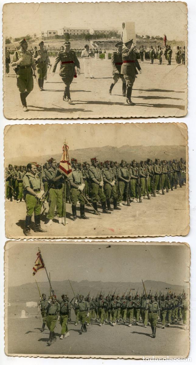 Militaria: Tte General Varela pasando revista Tercio Gran Capit&aacute;n de la Legi&oacute;n Tauima 8/9/1946, 3 fotopostales