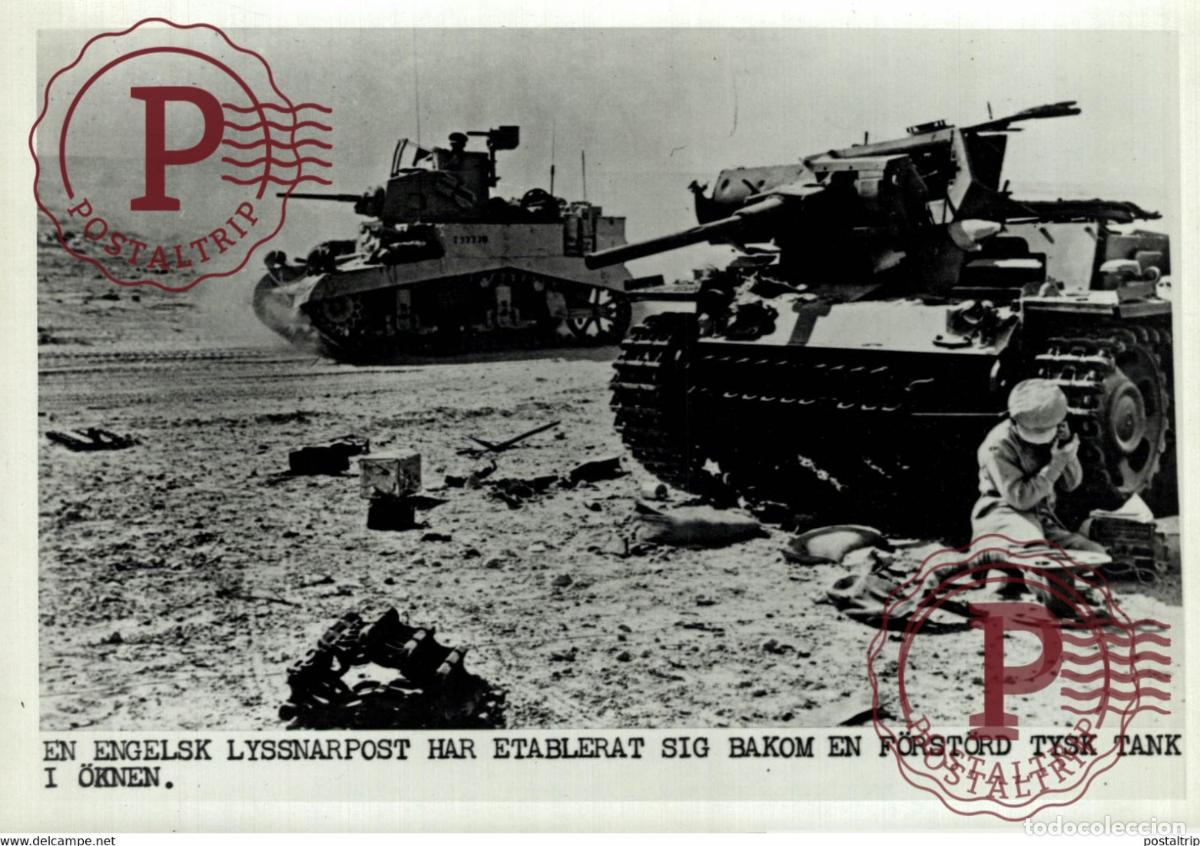 Militaria: ENGLISH POST BEHIND A GERMAN DESTROYED TANK 21*15CM SWEDEN SVERIGE SEE CORNERS