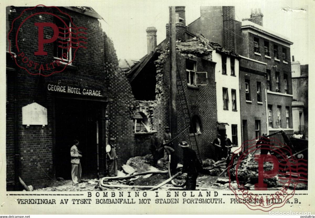 Militaria: BOMBING ENGLAND GERMANS BOMB PORTSMOUTH GEORGE HOTEL GARAGE WORLD WAR 2 21*15CM SWEDEN SVERIGE SE