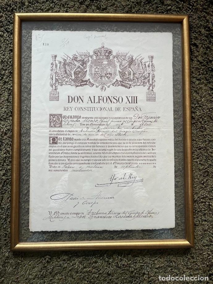 Militaria: Nombramiento de Alfonso XIII / 1929 / Archivero Tercero Cuerpo Oficinas Militares / Enmarcado
