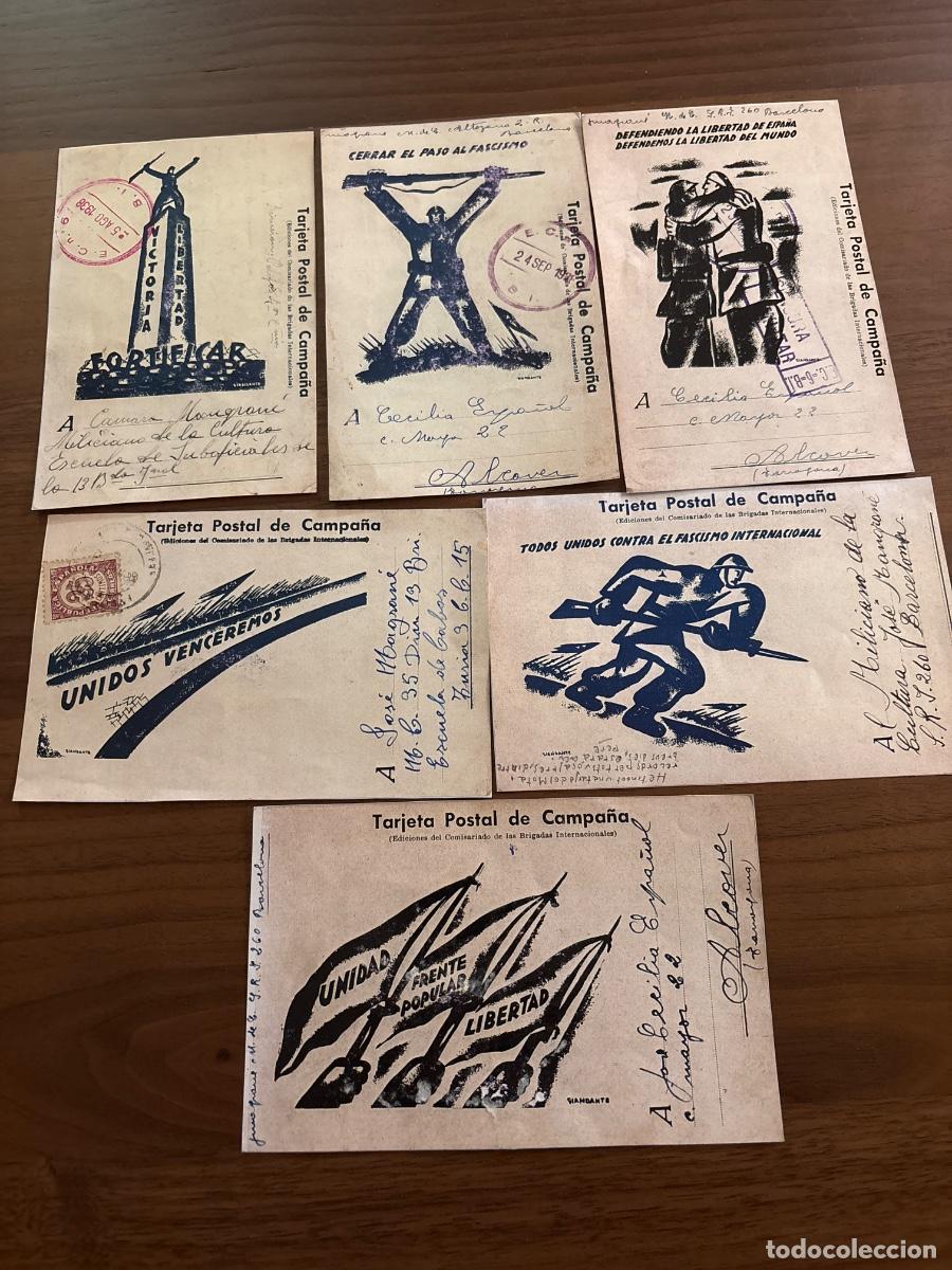 Militaria: Lote 6 tarjetas postales de campa&ntilde;a Brigadas Internacionales 1938 firma Giandante Guerra Civil