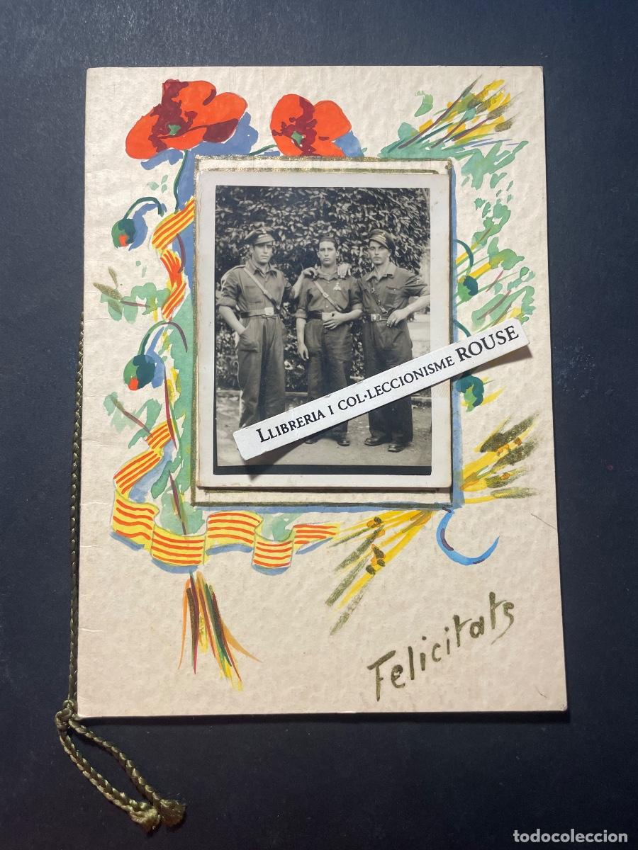 Militaria: GUERRA CIVIL - ANTIGUA FOTOGRAFIA MILICIANOS ARTILLERIA MONTADA SOBRE FELICITACION PINTADA A MANO