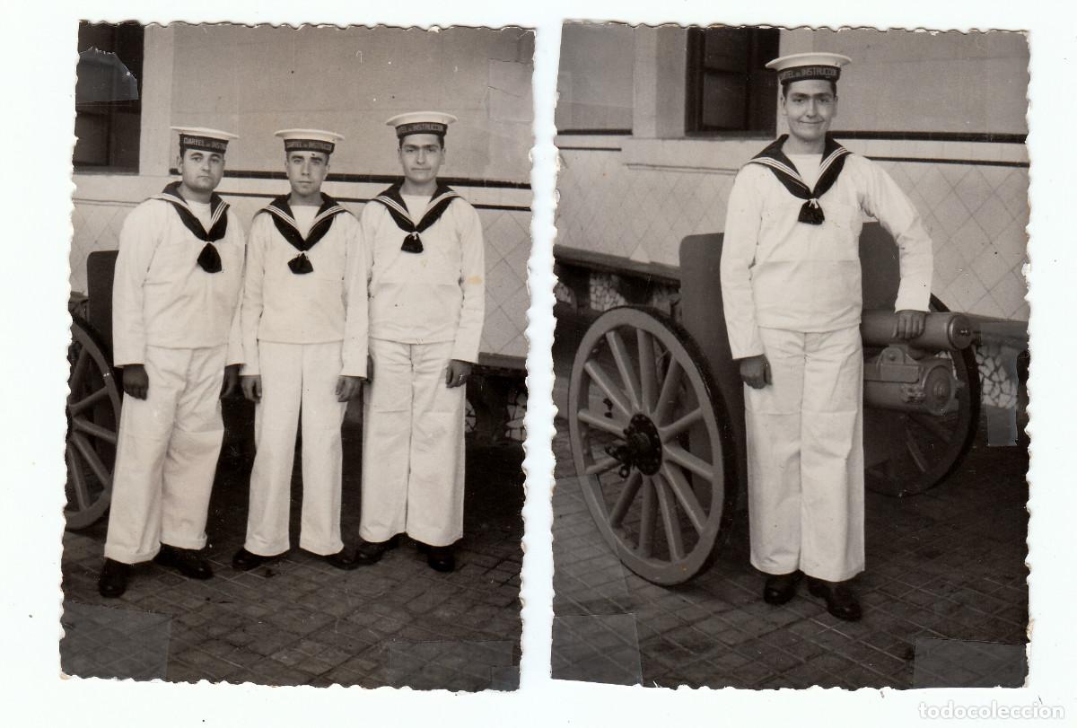 Militaria: 2 fotos. Marineros con un ca&ntilde;&oacute;n. Cuartel de Instrucci&oacute;n, Cartagena, Murcia. A&ntilde;os 60 g aa