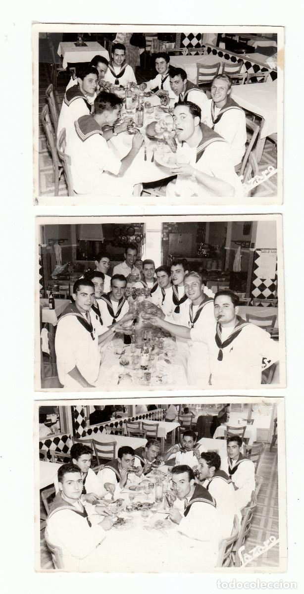 Militaria: 3 fotos. Grupo de marineros. Restaurante La Paz, Val&egrave;ncia. Fot&oacute;grafo L&aacute;zaro. A&ntilde;os 50 g aa