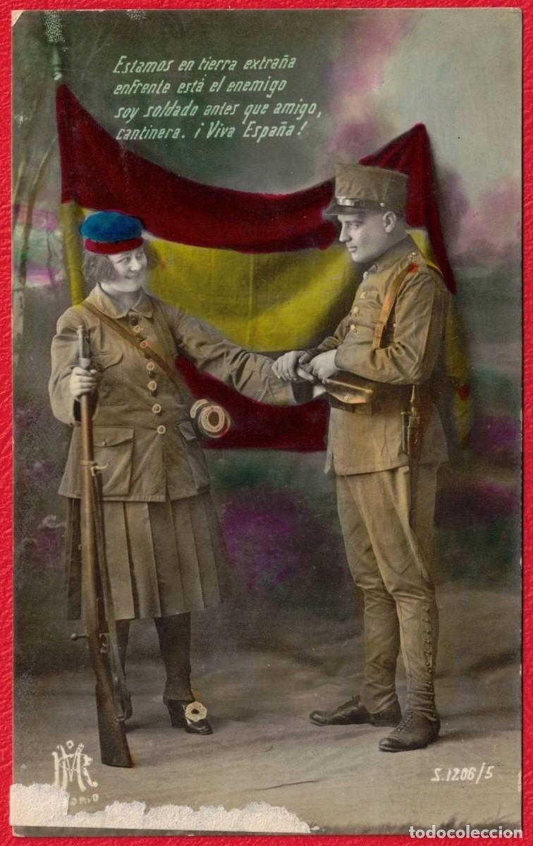 Militaria: Postal patriotica Espa&ntilde;a Spain - Soldado y Cantinera Espa&ntilde;ola Estamos en tierra extra&ntilde;a Viva Espa&ntilde;a