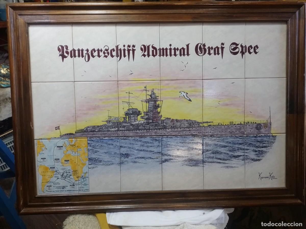 Militaria: Raro cuadro Acorazado Admiral Graf Spee azulejos Kerami K&oacute;s 70 cm x 1 m