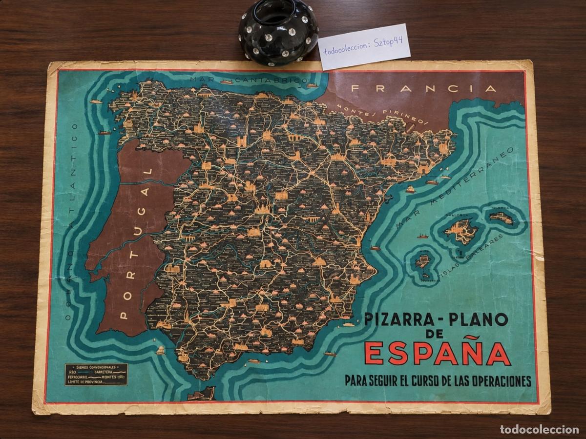 Militaria: Antiguo Cartel Mapa Guerra Civil - Pizarra Plano de Espa&ntilde;a Para Seguir Operaciones