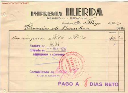 Militaria: (GUERRA CIVIL)FACTURA PARA TRANVIAS DE BARCELONA CNT-AIT