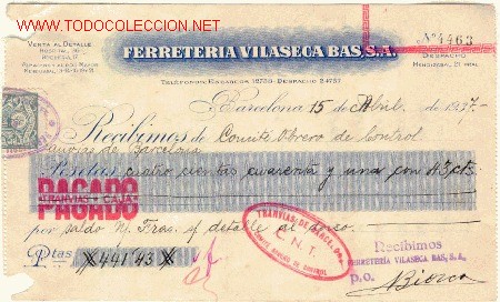 Militaria: (GUERRA CIVIL)PAGO TRANVIAS DE BARCELONA CNT