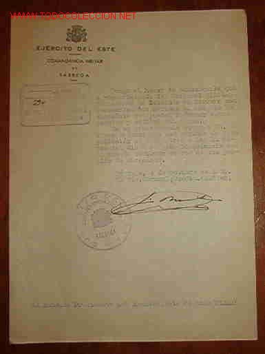 Militaria: Documento del Ej&eacute;rcito del Este, para una peritaci&oacute;n de chocolate - Foto 1
