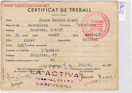 Militaria: (GUERRA CIVIL)CERTIFICADO DE TRABAJO JOYERO