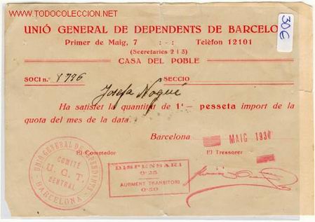 Militaria: (GUERRA CIVIL)UNION GENERAL DE DEPENDENTS UGT