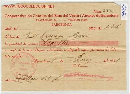 Militaria: (GUERRA CIVIL)COOPERATIVA DE CONSUMO RAM DEL VESTIR