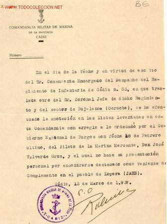 Militaria: (GUERRA CIVIL)DOCUMENTO COMANDANZIA MILITAR DE MARINA DE CADIZ
